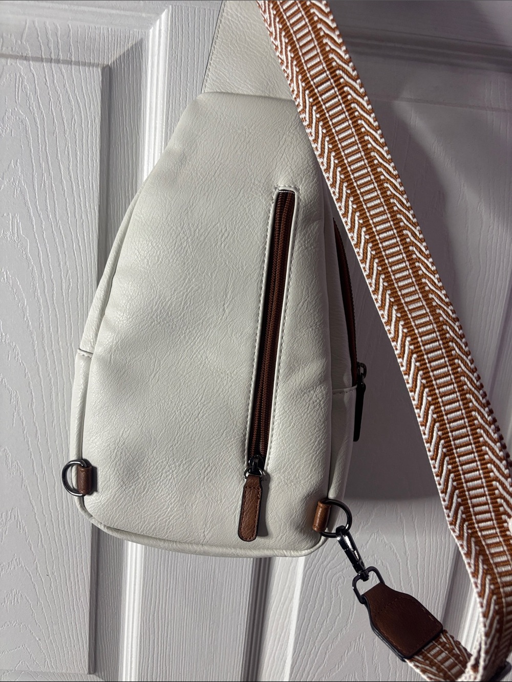 White and Brown Crossbody Sling Bag - Casual Everyday Wear - Picture 3 of 8